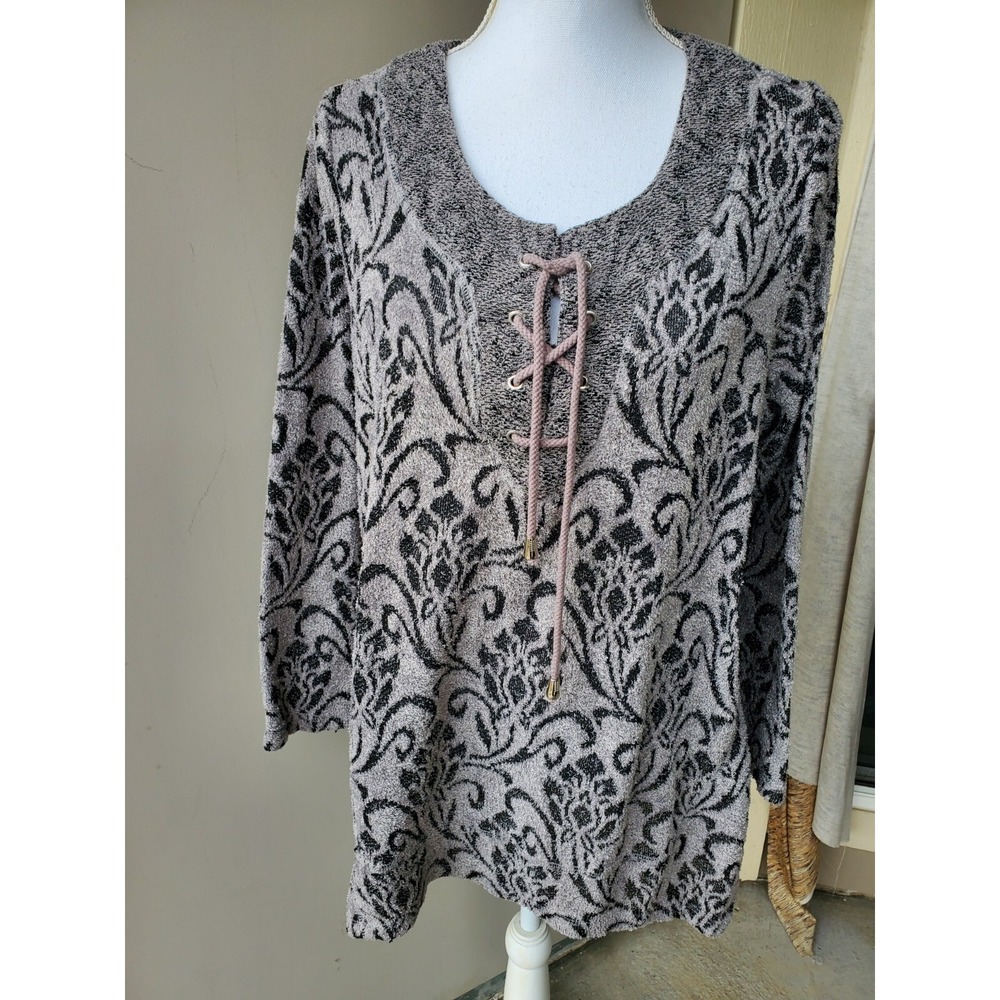 Catherines Sweater Womens 0X 14-16 Gray Black Floral Lace Up Front Boho Tunic
